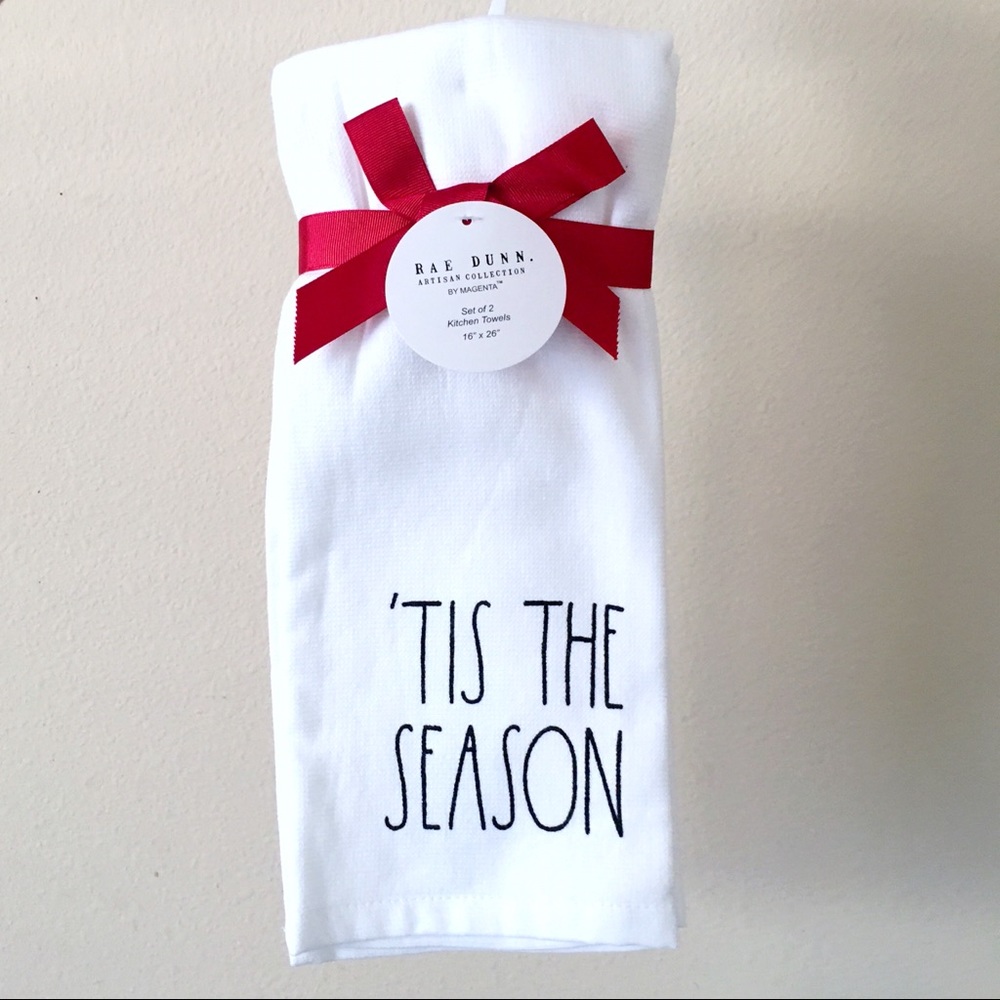 Rae Dunn ‘TIS THE SEASON, MERRY  & BRIGHT Christmas Kitchen Towels SET of TWO